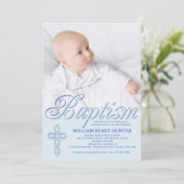 Baptême Mot Bleu Photo Invitation (Debout devant)