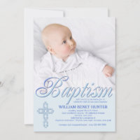 Baptême Mot Bleu Photo Invitation