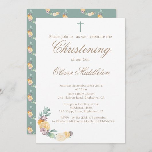Baptême ou baptême Floral Green Invitation (Devant / Derrière)