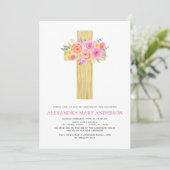 Baptême Pastel Floral Rose Croix Invitation (Debout devant)