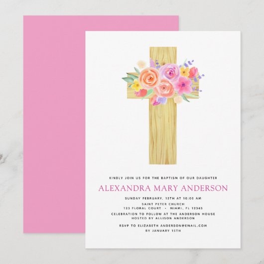 Baptême Pastel Floral Rose Croix Invitation (Devant / Derrière)