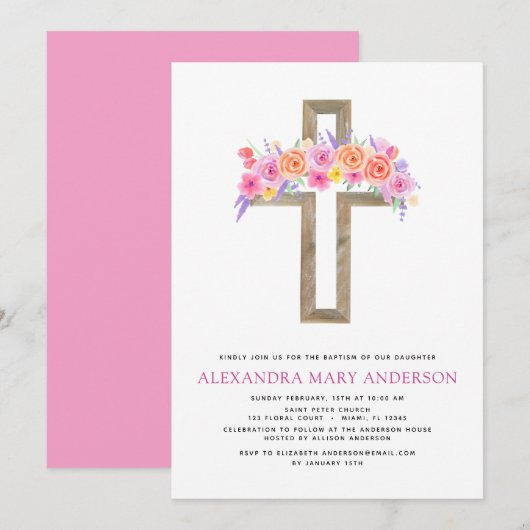 Baptême Pastel Floral Rose Croix Invitation (Devant / Derrière)