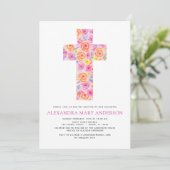 Baptême Pastel Floral Rose Croix Invitation (Debout devant)