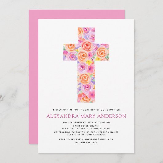 Baptême Pastel Floral Rose Croix Invitation (Devant / Derrière)