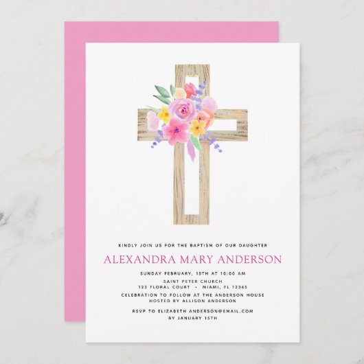 Baptême Pastel Floral Rose Croix Invitation (Devant / Derrière)