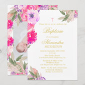 Baptême Photo Floral Roses Invitation (Devant / Derrière)