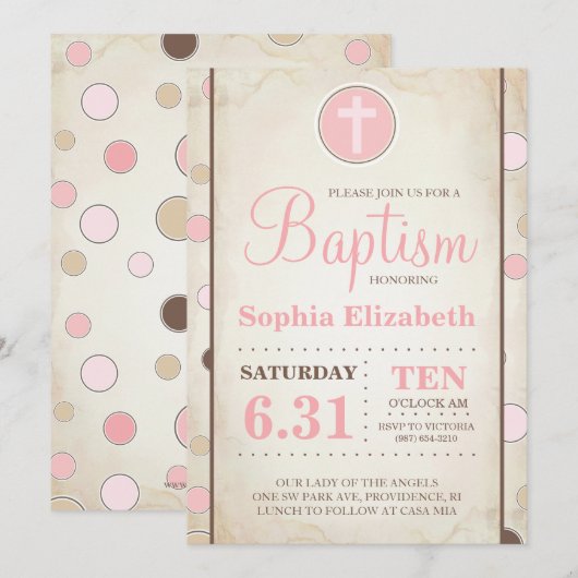 Baptême Pink Polka Invitation - Baby Girl (Devant / Derrière)