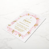 Baptême rose aquarelle or feuille invitation (Rotation)