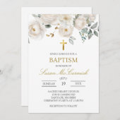 Baptême rose blanche Invitation (Devant / Derrière)