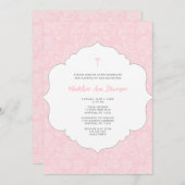 Baptême rose damassé invitation (Devant / Derrière)