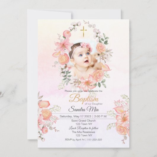 Baptême rose doux Invitation (Devant)