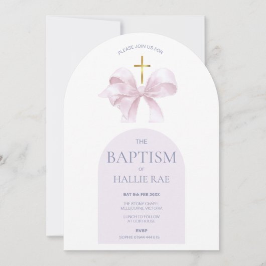 Baptême rose et croix or Invitation gravée (Devant)