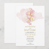 Baptême rose et or et 2ème invitation anniversaire (Devant / Derrière)