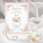 Baptême rose Floral Baptême Christening Invitation<br><div class="desc">Doux petit lapin lapin nain aquarelle dans un panier en osier avec des fleurs pastel précieuses. Sa petite couverture rose est drapée sur le côté du panier. Si mignon pour cette petite fille Baptême/Christening. 100% de satisfaction client avec "Zazzle"</div>