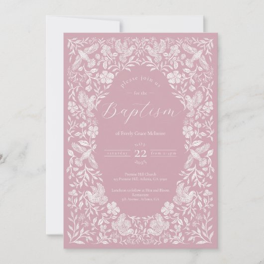 Baptême rose floral Birdie Baby Invitation (Devant)