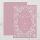 Baptême rose floral Birdie Baby Invitation (Devant / Derrière)