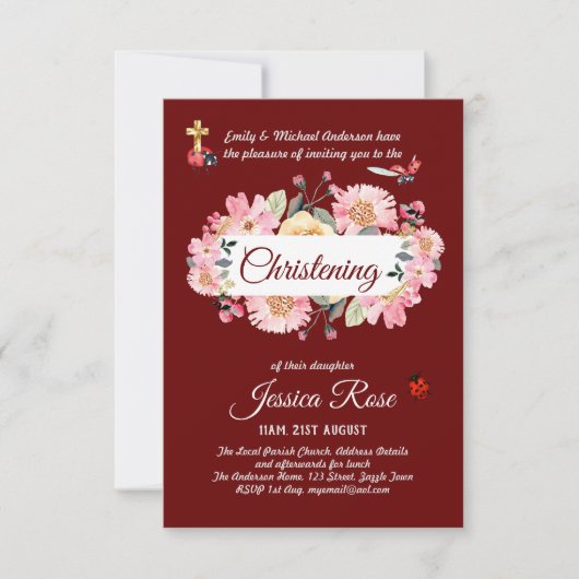 Baptême rose floral Invitations (Devant)