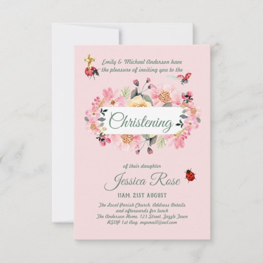 Baptême rose floral Invitations (Devant)