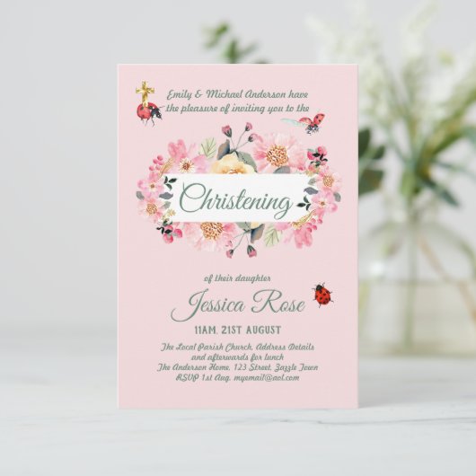 Baptême rose floral Invitations (Debout devant)