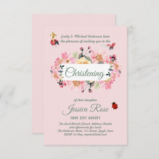 Baptême rose floral Invitations (Devant / Derrière)