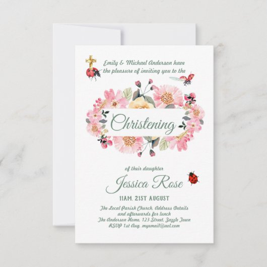 Baptême rose floral Invitations (Devant)