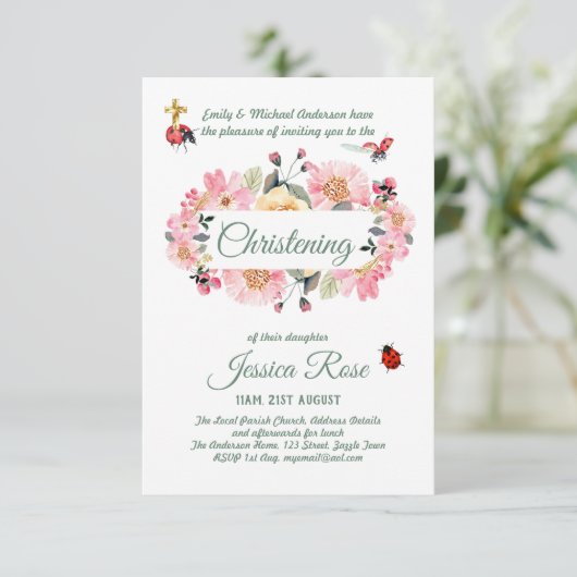 Baptême rose floral Invitations (Debout devant)