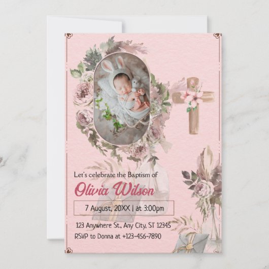 Baptême rose florale bébé Invitation | Minim moder (Devant)