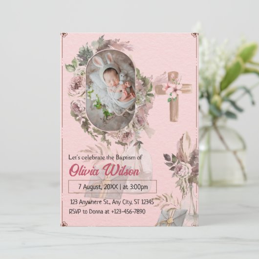 Baptême rose florale bébé Invitation | Minim moder (Debout devant)