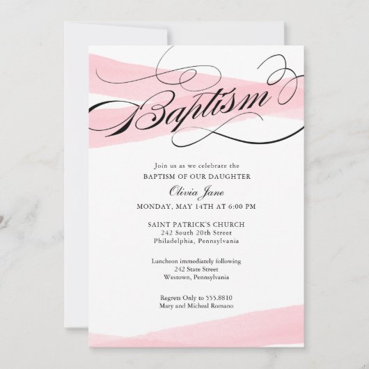 Baptême, Rose Moderne Aquarelle Invitation (Devant)