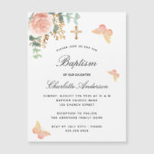Baptême rose papillon floral aimant invitation (Devant)