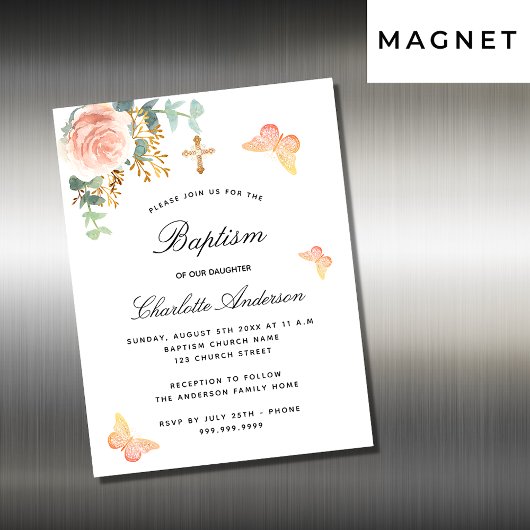 Baptême rose papillon floral aimant invitation