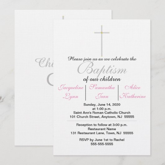 Baptême rose Triplet Invitation (Devant / Derrière)
