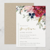 Baptême rouge Bourgogne Bleu Floral Invitation (Devant / Derrière)