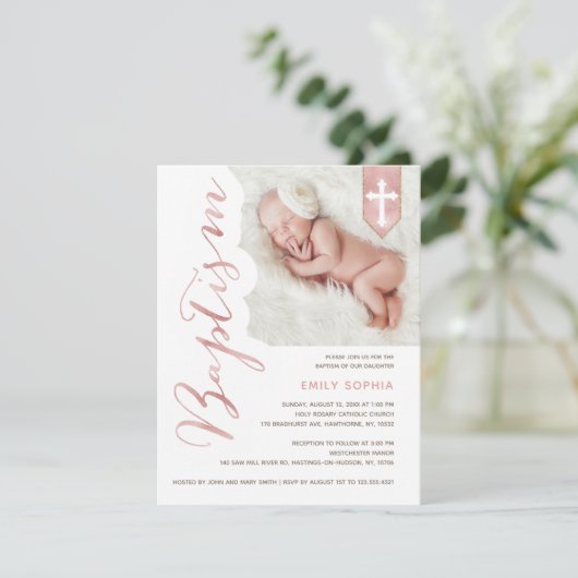 Baptême Script brillant Blush Photo Invitation (Debout devant)