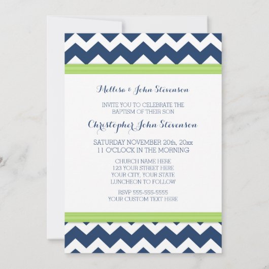 Baptême Vert Bleu Chevron Invitation (Dos)