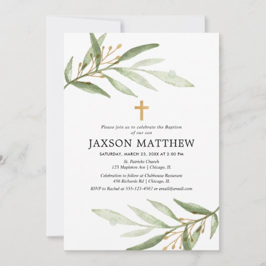 Baptême vert invitation or vert aquarelle (Devant)