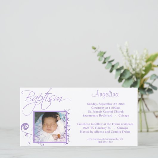 Baptême violet clair Invitation photo (Debout devant)