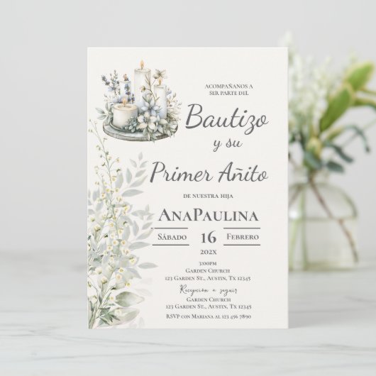 Baptism and first year invitation in Spanish (Debout devant)