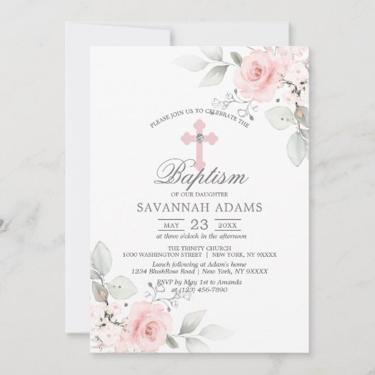 BAPTISM Aquarelle Rose Rose Girl Invitation (Devant)