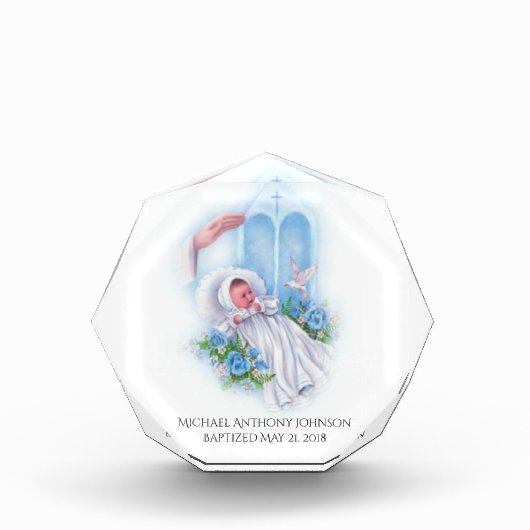 Baptism Baby Boy Blue Flowers Cross Fotoblokken (Voorkant)