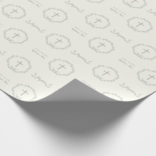 Baptism Blue en Green Leaf Wreate Cadeaupapier (Hoek)