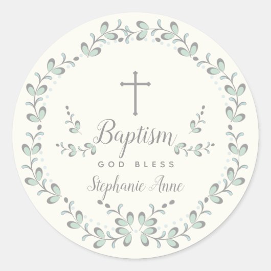 Baptism Blue en Green Leaf Wreate Ronde Sticker (Voorkant)