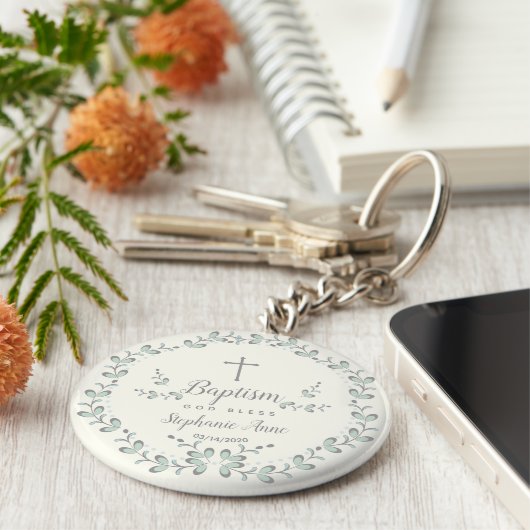 Baptism Blue en Green Leaf Wreate Sleutelhanger (Zijkant)