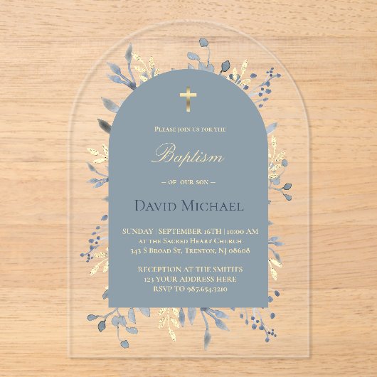 Baptism blue foliage blue arch acrylic invitation (Recto)