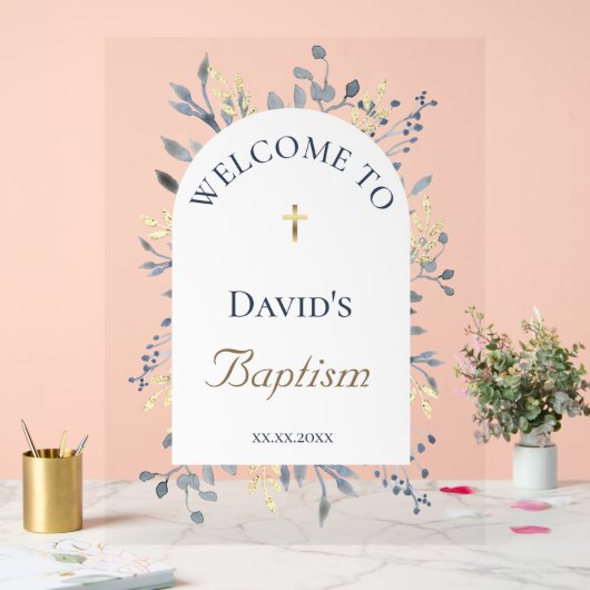 Baptism blue foliage clear welcome sign (Mariage)