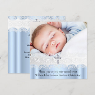Baptism Blue White Lace Foto Jewel Cross Boy Kaart