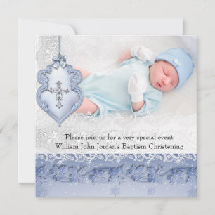 Baptism Blue White Lace Foto Jewel Cross Boy Kaart
