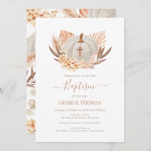 Baptism Boho Pampas white Pumpkin Invitation (Devant / Derrière)