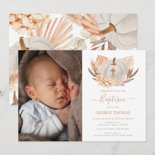 Baptism Boho white Pumpkin Photo Invitation (Devant / Derrière)