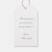 Baptism Boy Dusty Blue Faux Silver Arch Script Cadeaulabel (Achterkant)